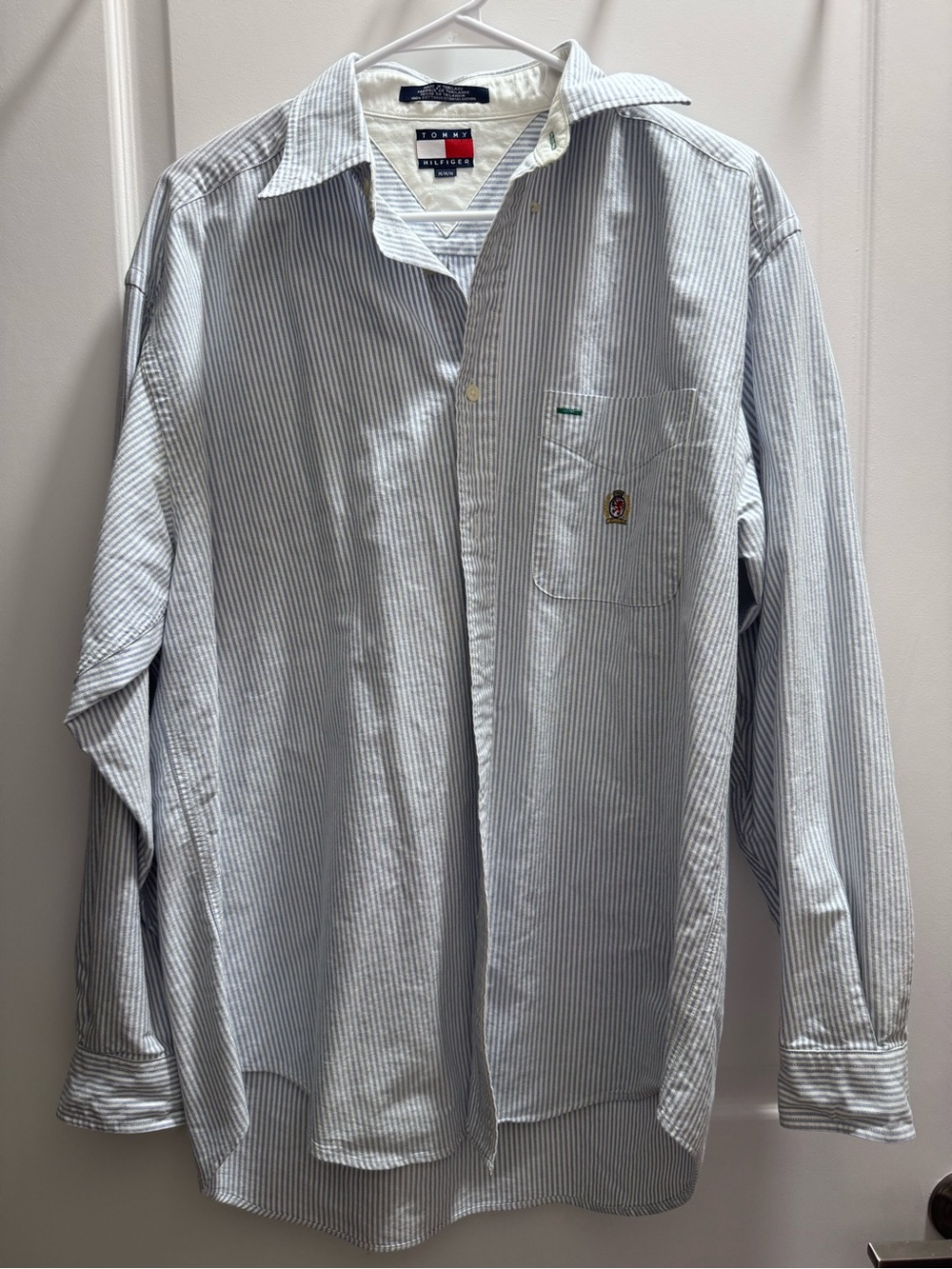 Tommy Hilfiger Men’s Light Blue and White Pinstripe Dress Shirt